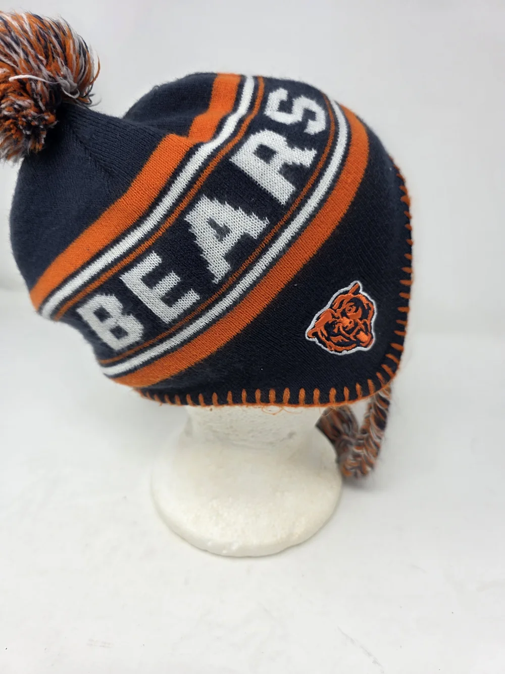NFL Chicago Bears Youth Fleece Lined Knit Earflap Beanie Pom Hat Navy Orange